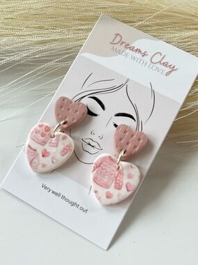 Handmade Pink Heart Dangle Earrings by Dreams Clay